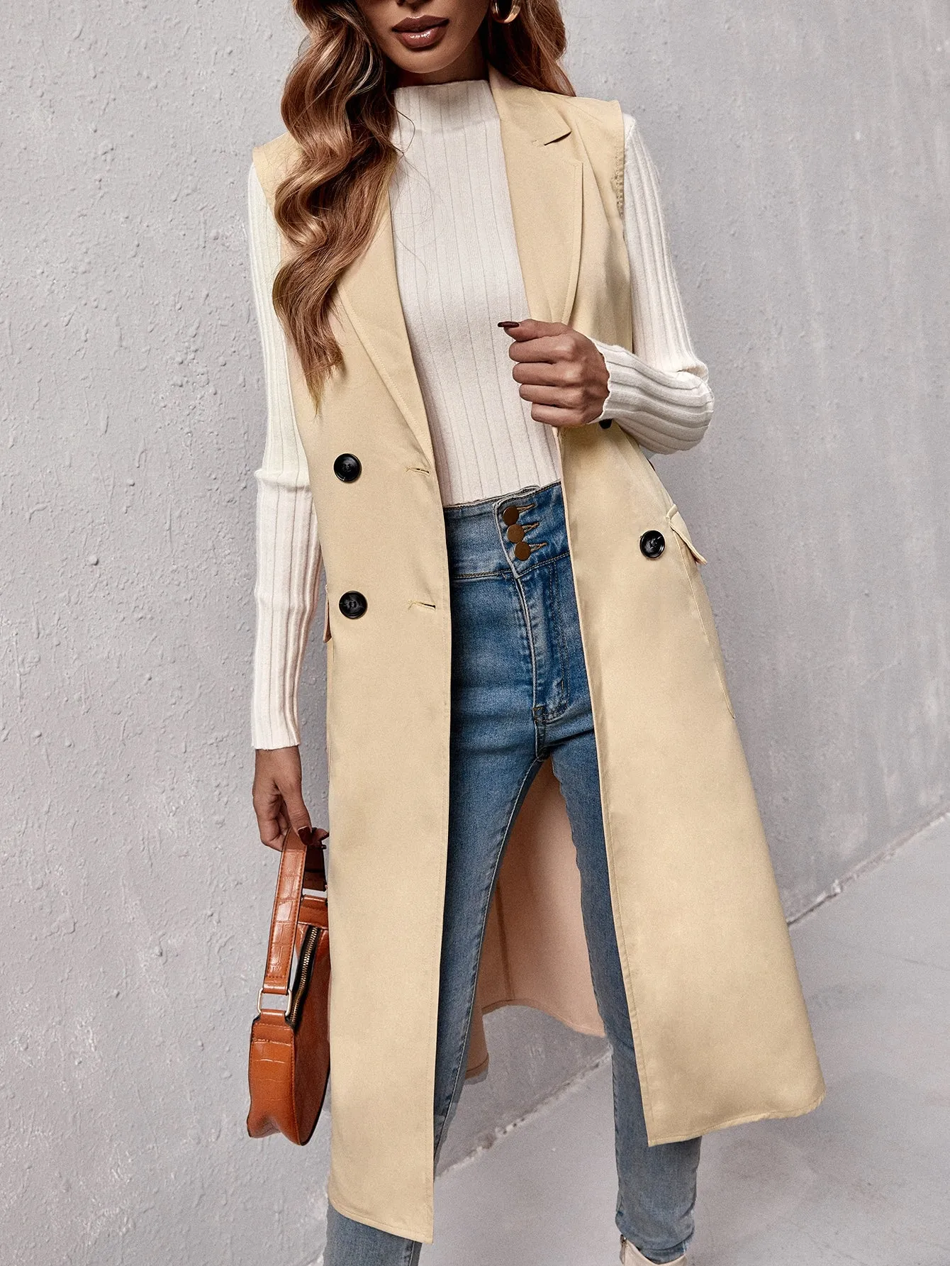 Elegant Plain Belted Sleeveless Lapel Midi Women Trench Coat