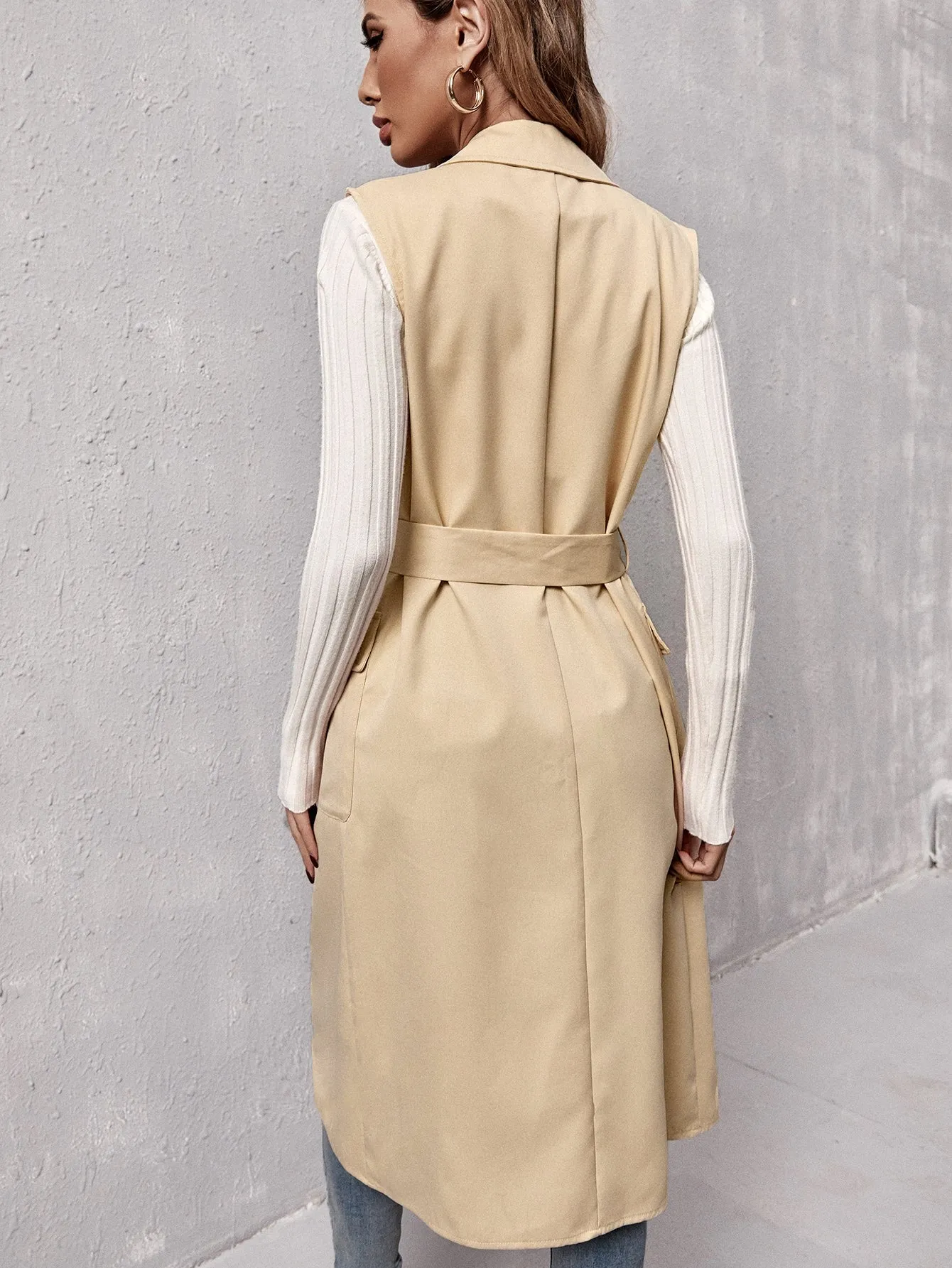 Elegant Plain Belted Sleeveless Lapel Midi Women Trench Coat