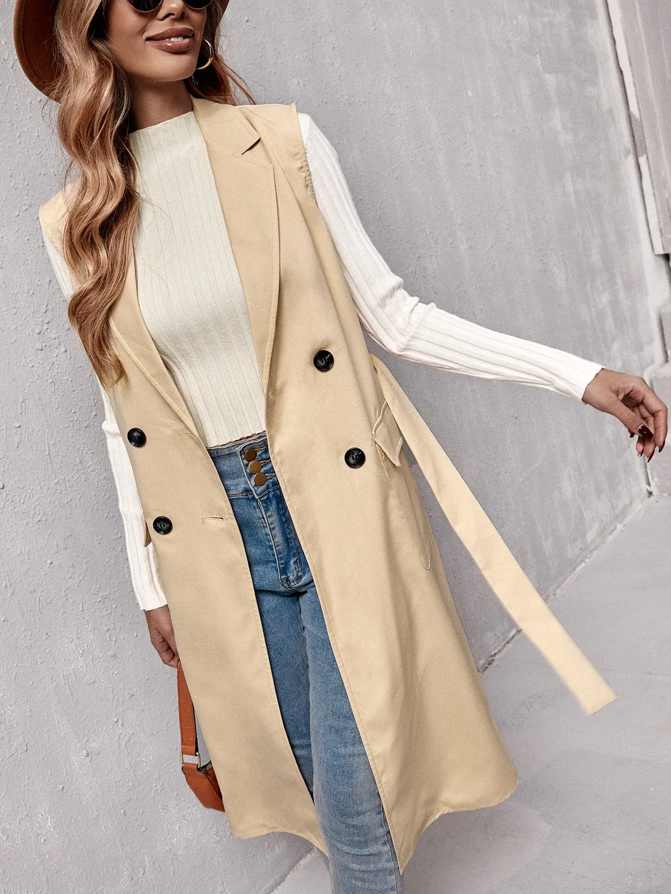 Elegant Plain Belted Sleeveless Lapel Midi Women Trench Coat