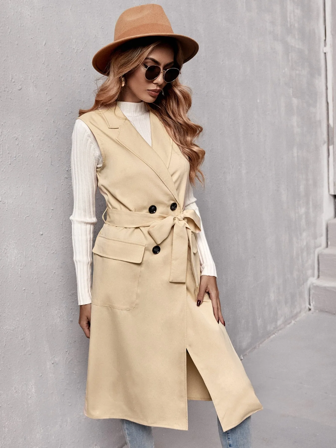 Elegant Plain Belted Sleeveless Lapel Midi Women Trench Coat