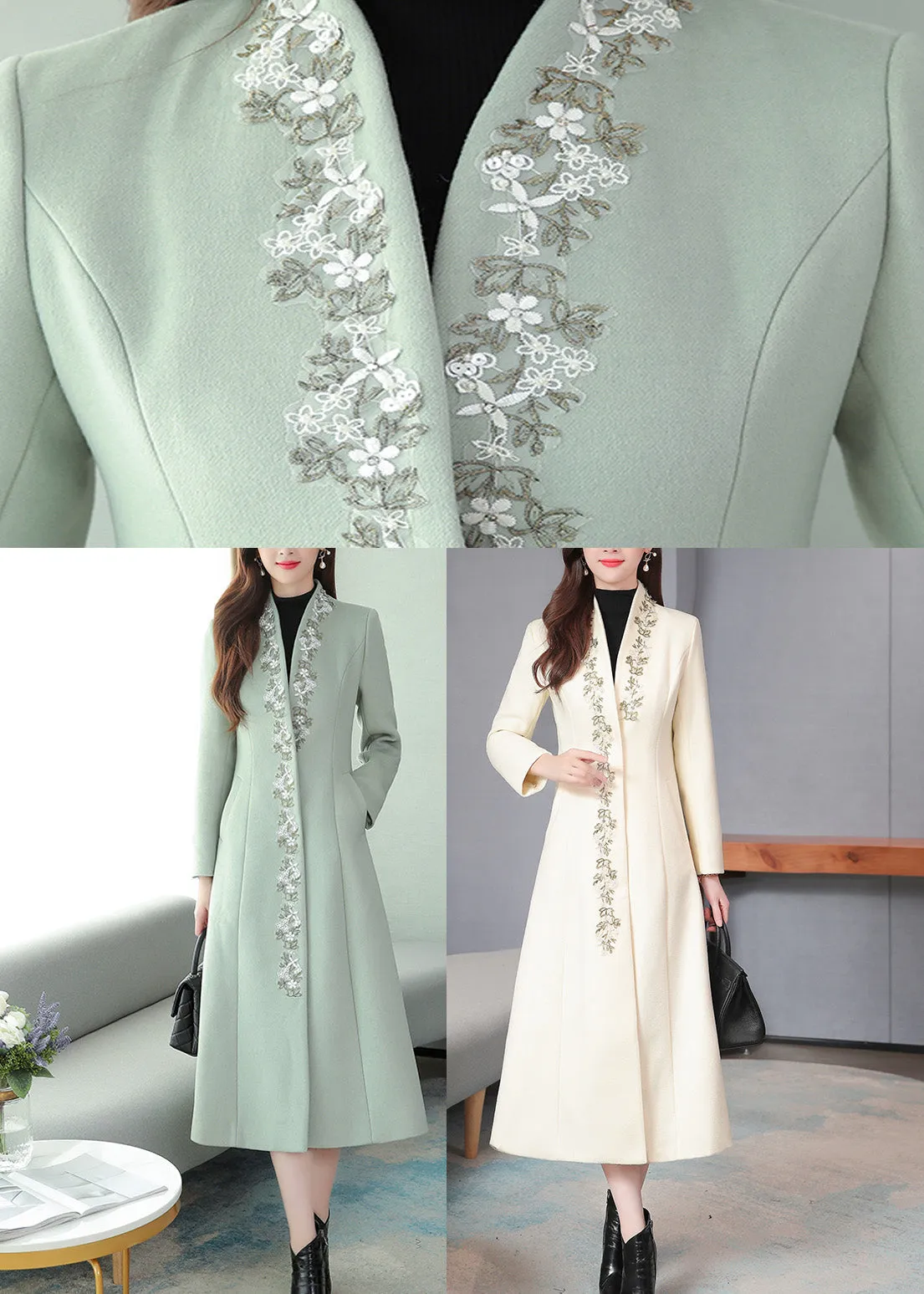 Elegant White V Neck Woolen Long Trench Coats Spring LY1713