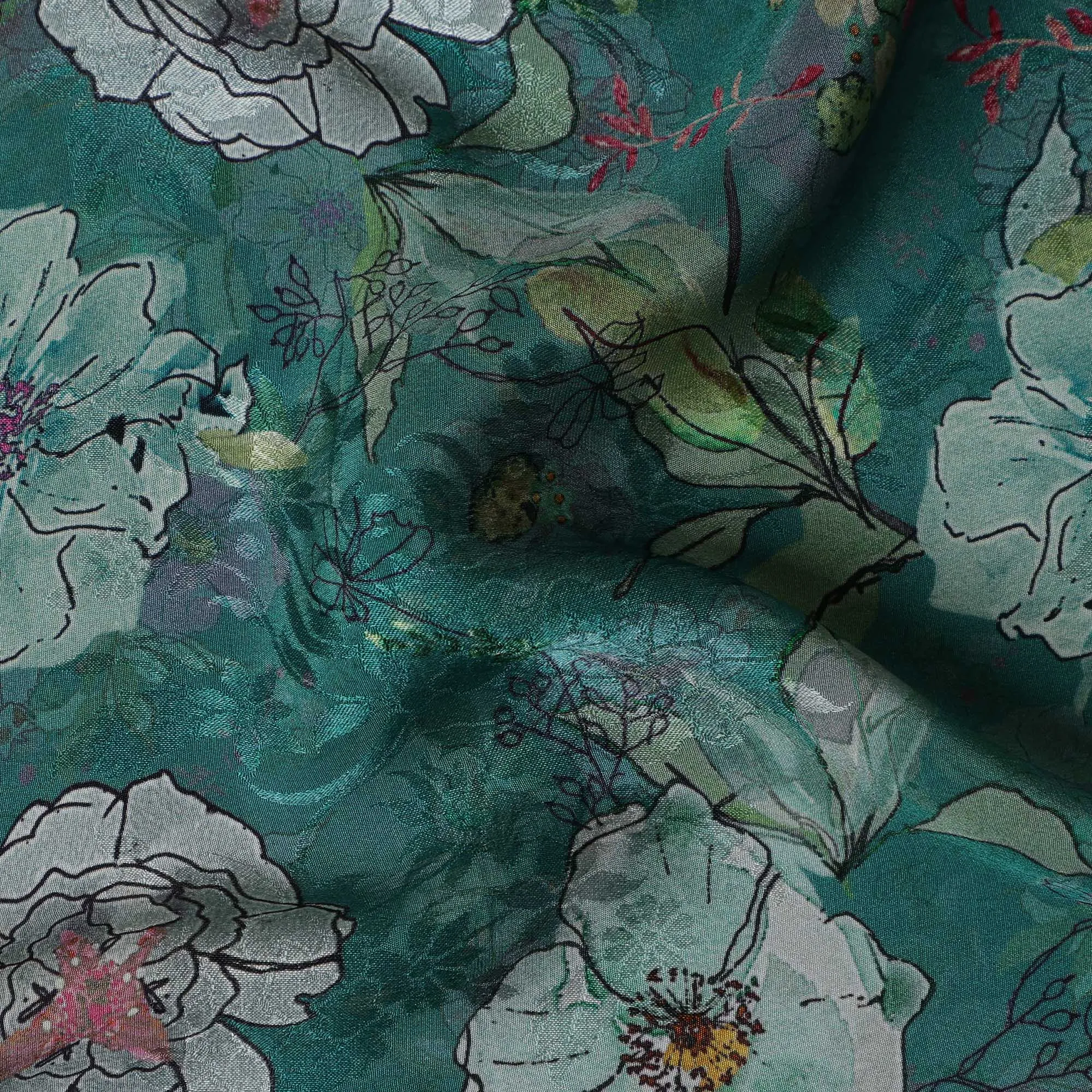 Emerald Green Indian Viscose Modal Satin Fabric, Floral Print, 110 cm Width-D20938