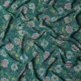 Emerald Green Indian Viscose Modal Satin Fabric, Floral Print, 110 cm Width-D20938