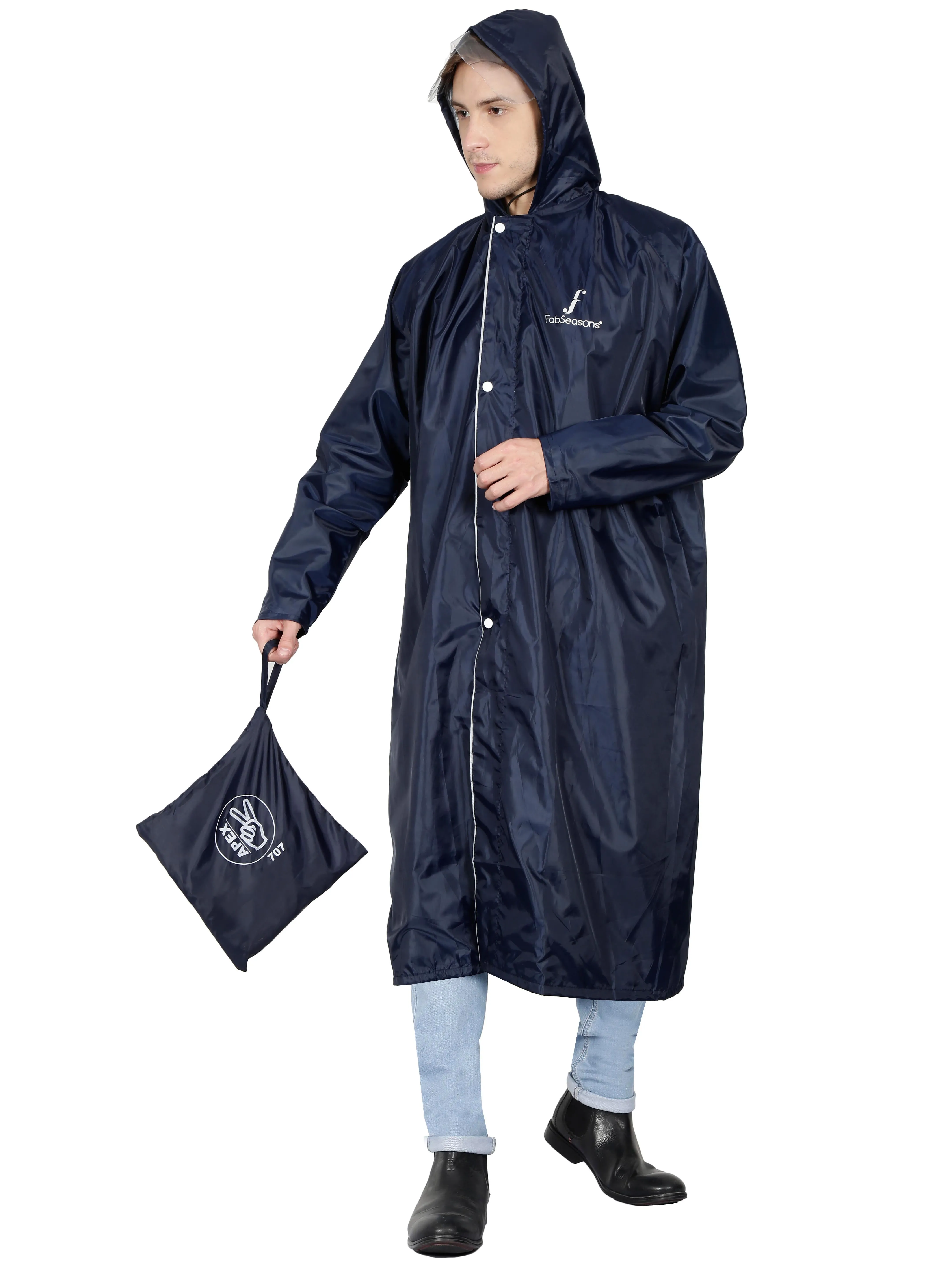 Fabseasons Blue Apex High Quality Long Unisex Raincoat -with Adjustable Hood & Reflector at Back