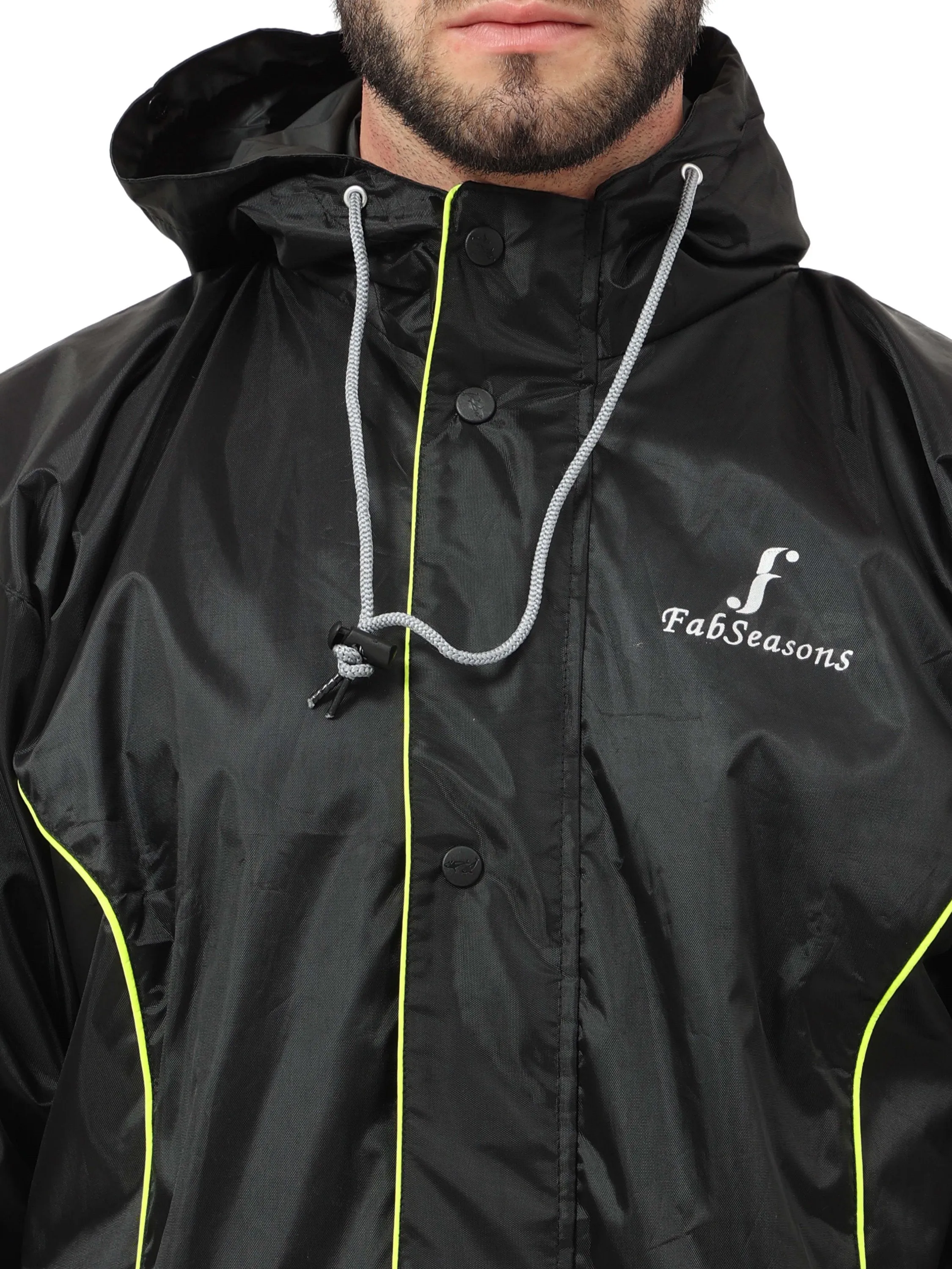 FabSeasons Premium 100% Waterproof Unisex Raincoat for Men & Women with Hood- BlackNeon