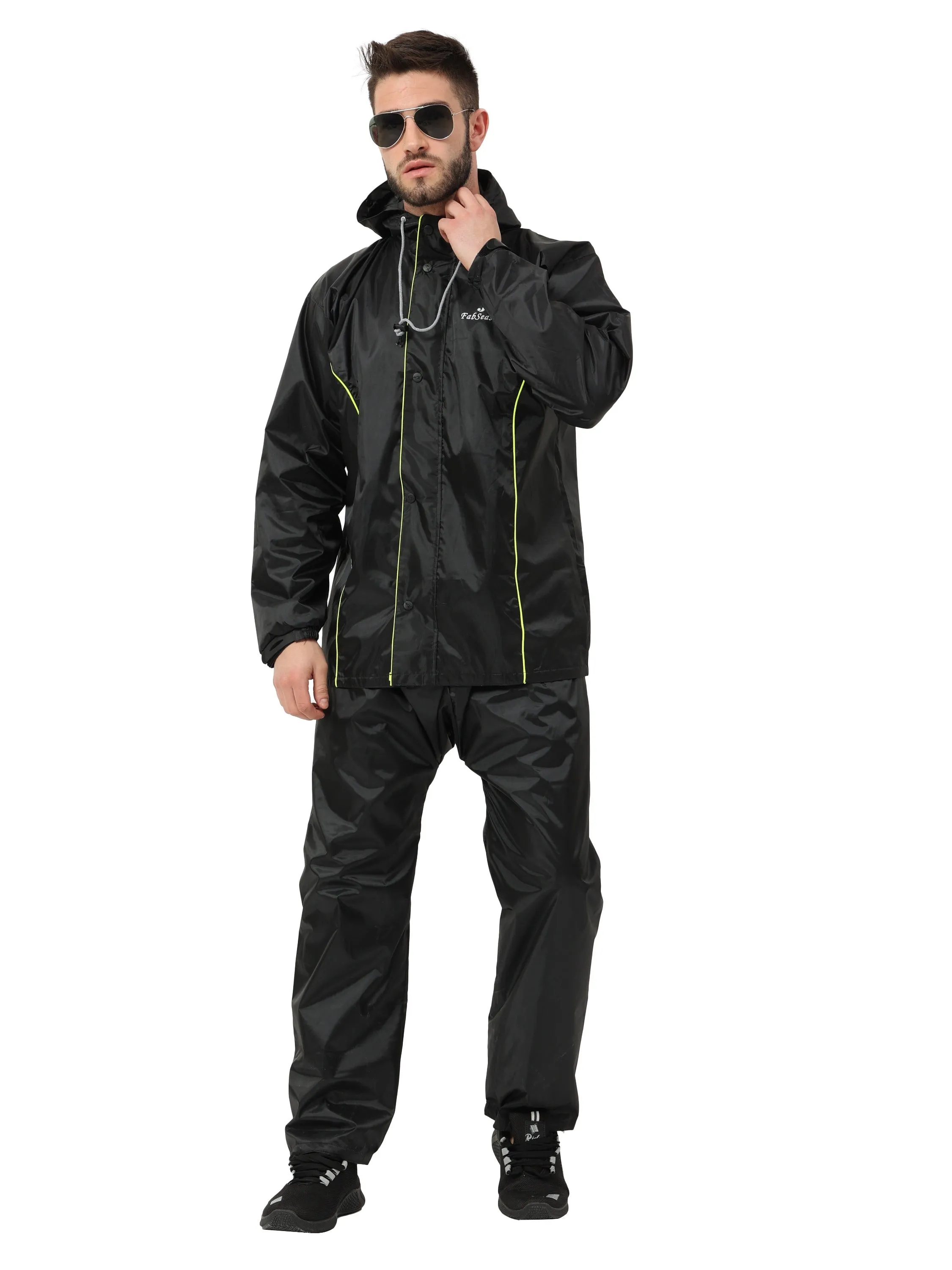 FabSeasons Premium 100% Waterproof Unisex Raincoat for Men & Women with Hood- BlackNeon