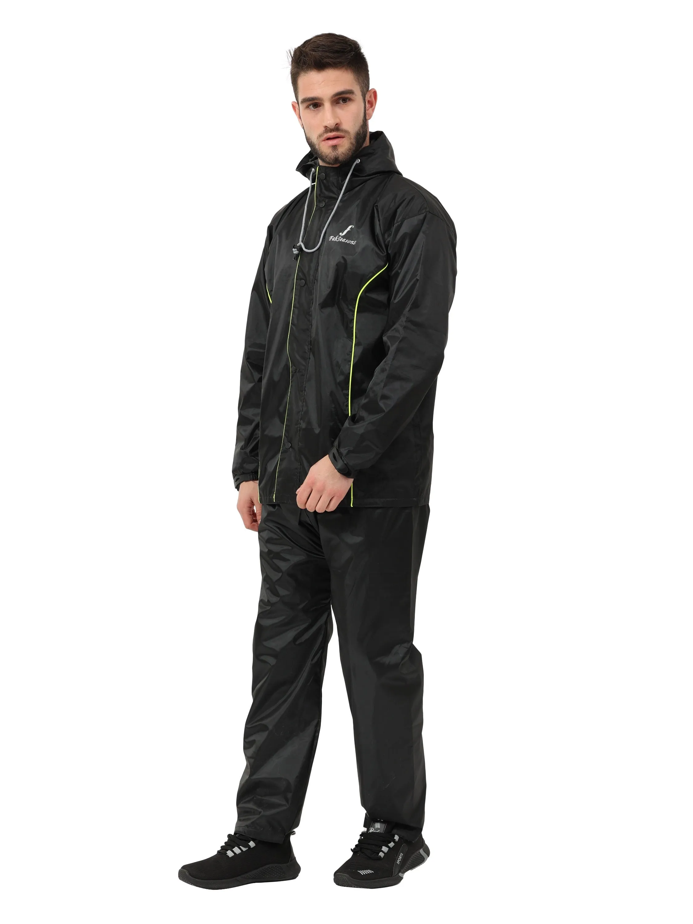 FabSeasons Premium 100% Waterproof Unisex Raincoat for Men & Women with Hood- BlackNeon