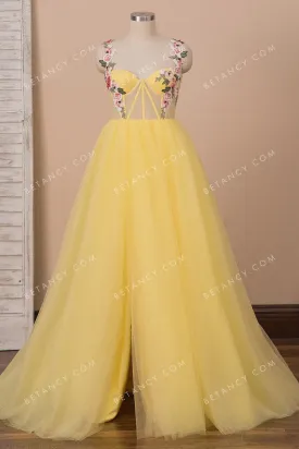 Fairy Peach Blossom Straps Yellow Tulle Formal Gown