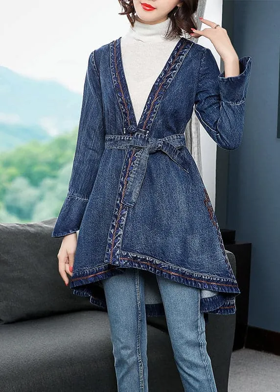 Fashion Blue low high design V Neck Embroideried Cotton Denim trench coats Long Sleeve