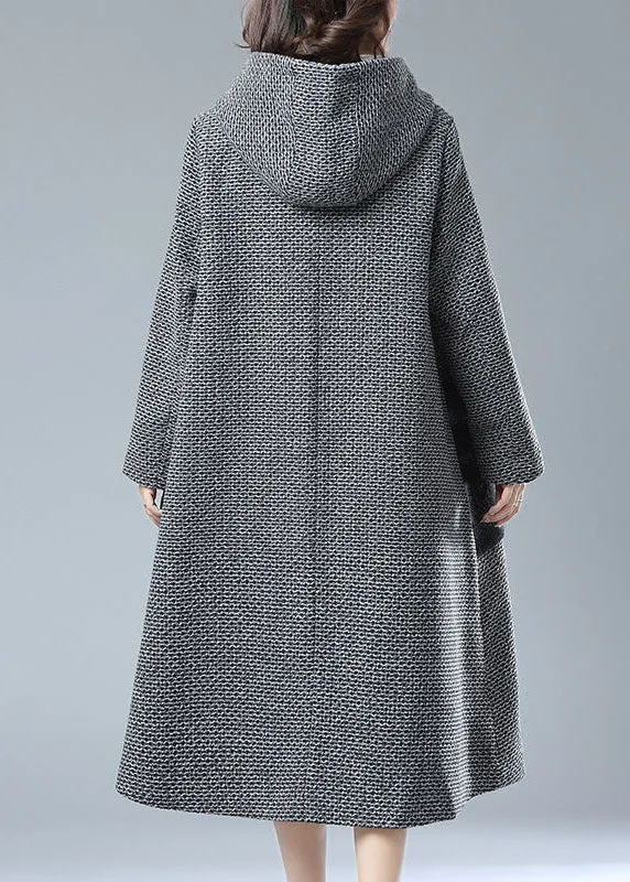 Fashion Grey Hooded Pockets Patchwork Woolen Trench Coats Winter