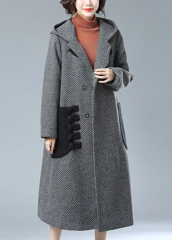 Fashion Grey Hooded Pockets Patchwork Woolen Trench Coats Winter