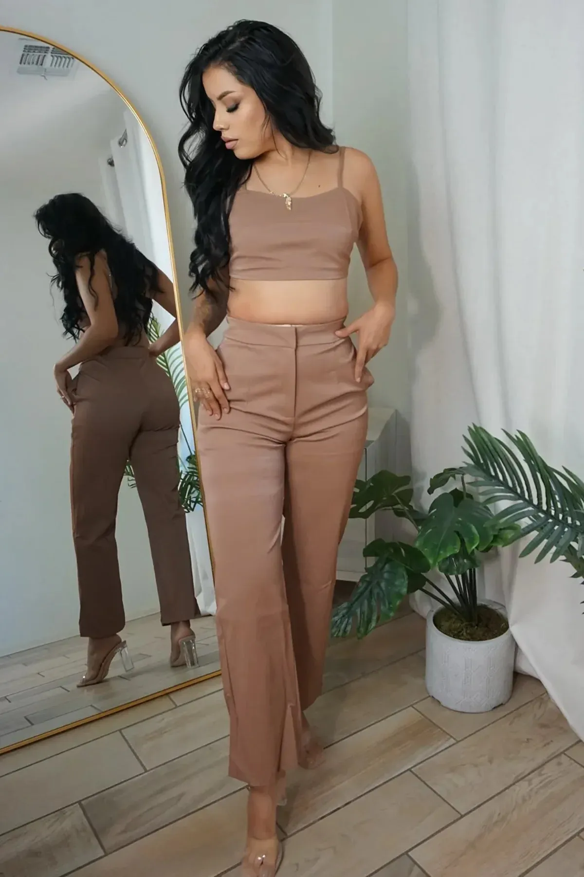 Faux Leather Crop Top & High Waist Pants Set