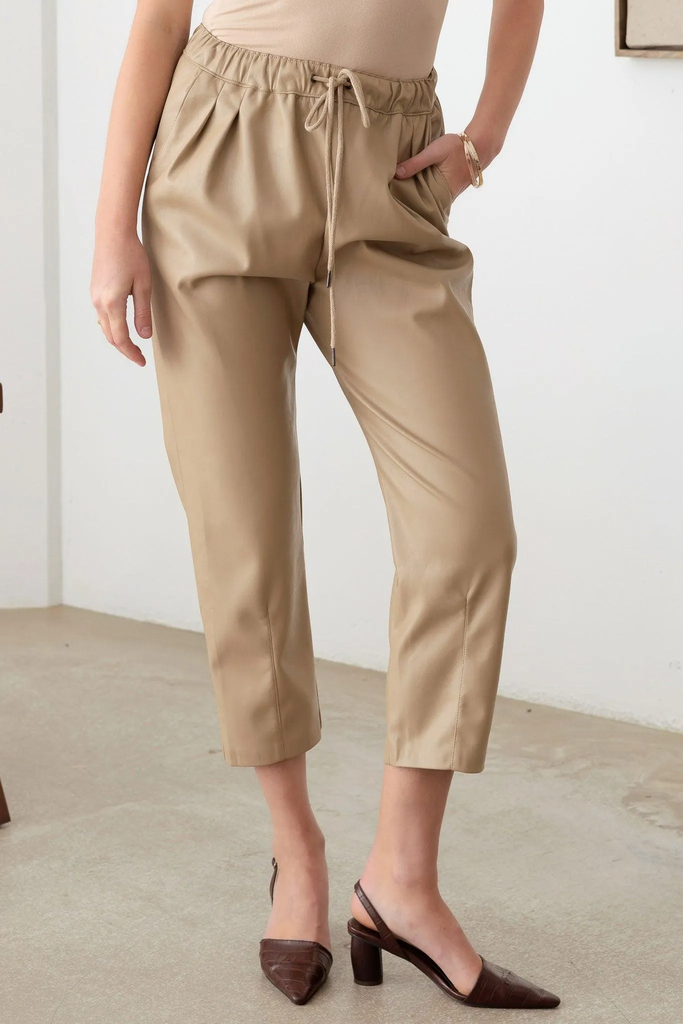 Faux Leather Drawstring Ankle Pants