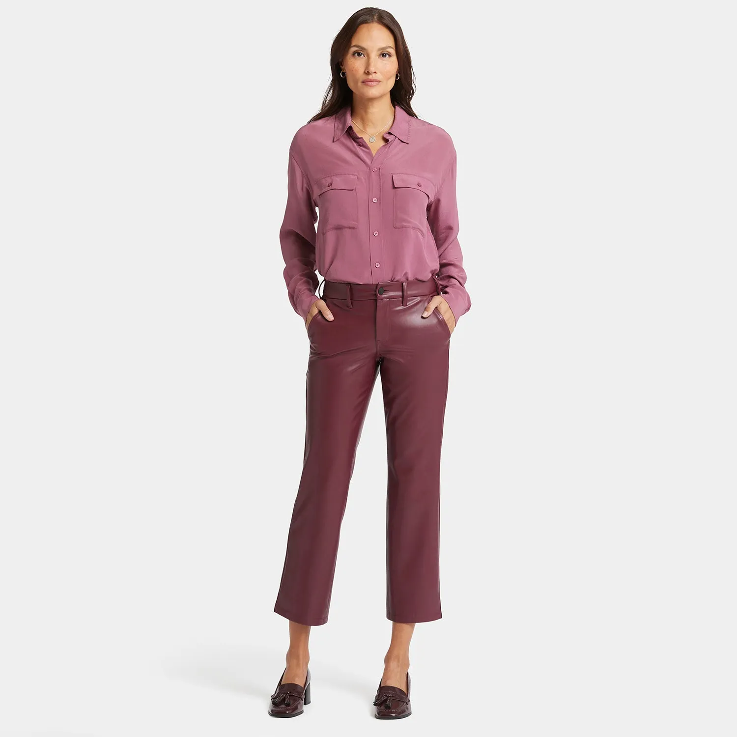 Faux Leather Straight Ankle Pants - Tavern