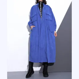 Fine blue long coat plus size Stand zippered trench coat boutique long sleeve pockets baggy long coats