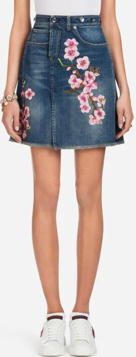 Floral-Embroidered Denim Mini Skirt