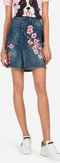 Floral-Embroidered Denim Mini Skirt