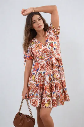 Floral V-Neck Tie Waist Mini Dress