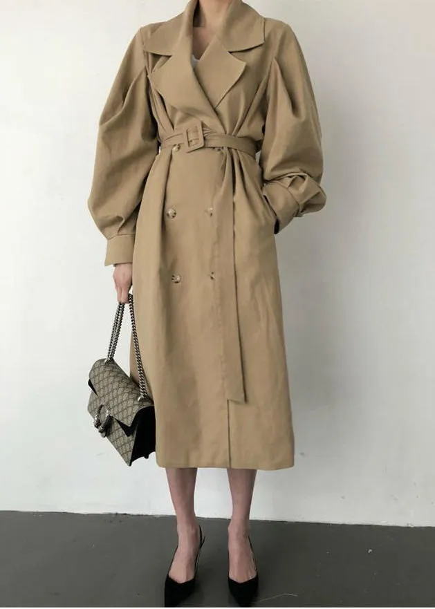 French Khaki Oversized Double Breast Cotton Trench Coats Spring LY2571