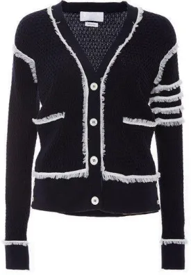 Fringed Wool Knit Cardigan Sweater in Black