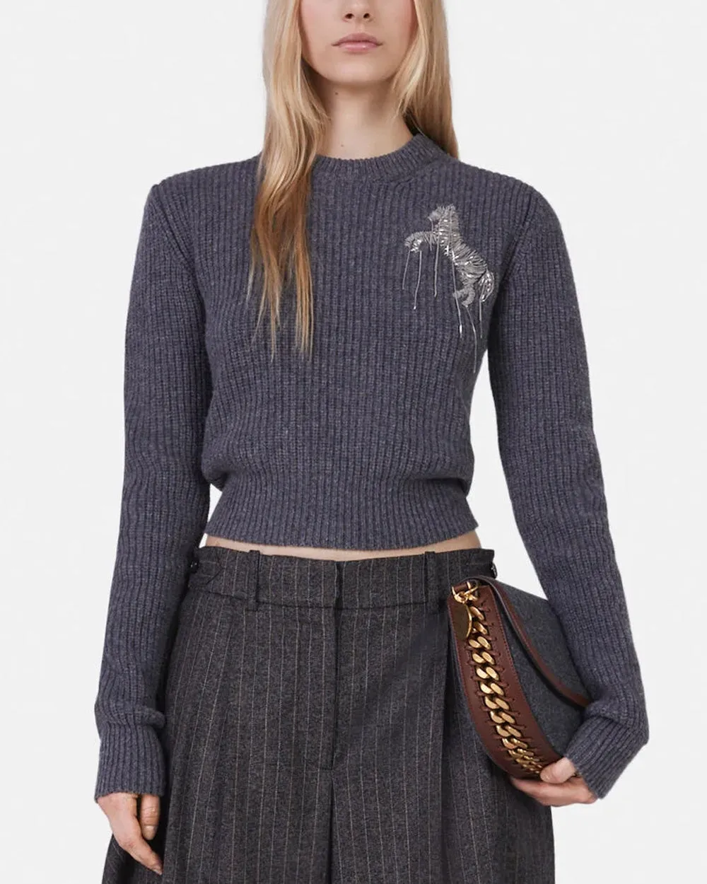 Grey Melange Embroidered Chain Horse Cropped Sweater