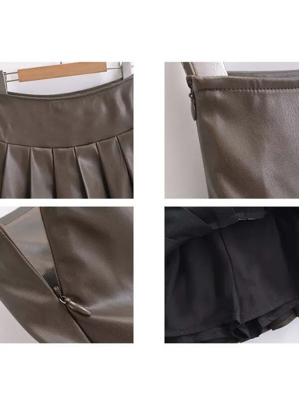 Hot girl leather pleated skirt