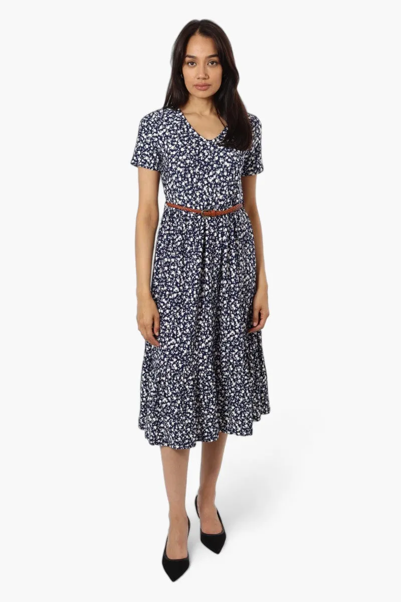 International INC Company Belted Floral Maxi Dress - Navy