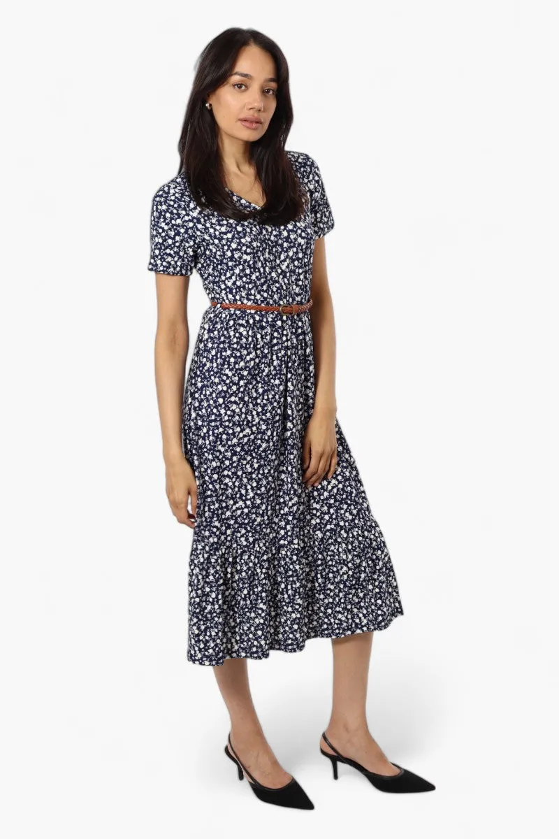 International INC Company Belted Floral Maxi Dress - Navy