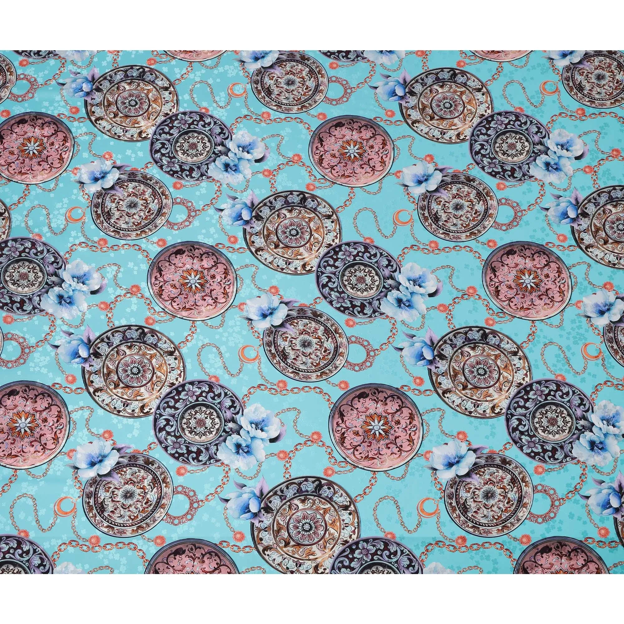 Italian Silk Satin Fabric with Vintage Medallion and Floral Design, Aqua Blue Background – 150 cm Width-D20329