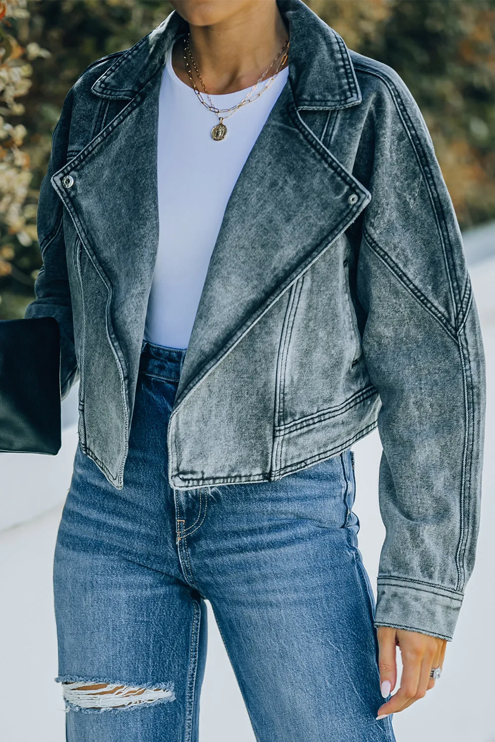 Lapel Collar Open Front Denim Jacket