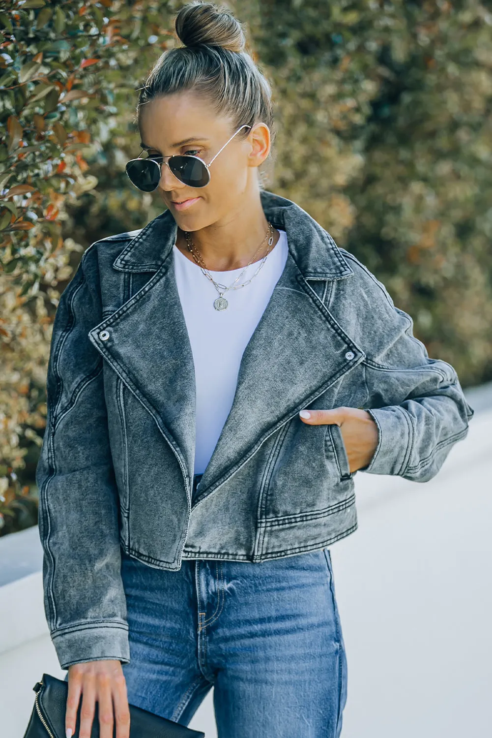 Lapel Collar Open Front Denim Jacket