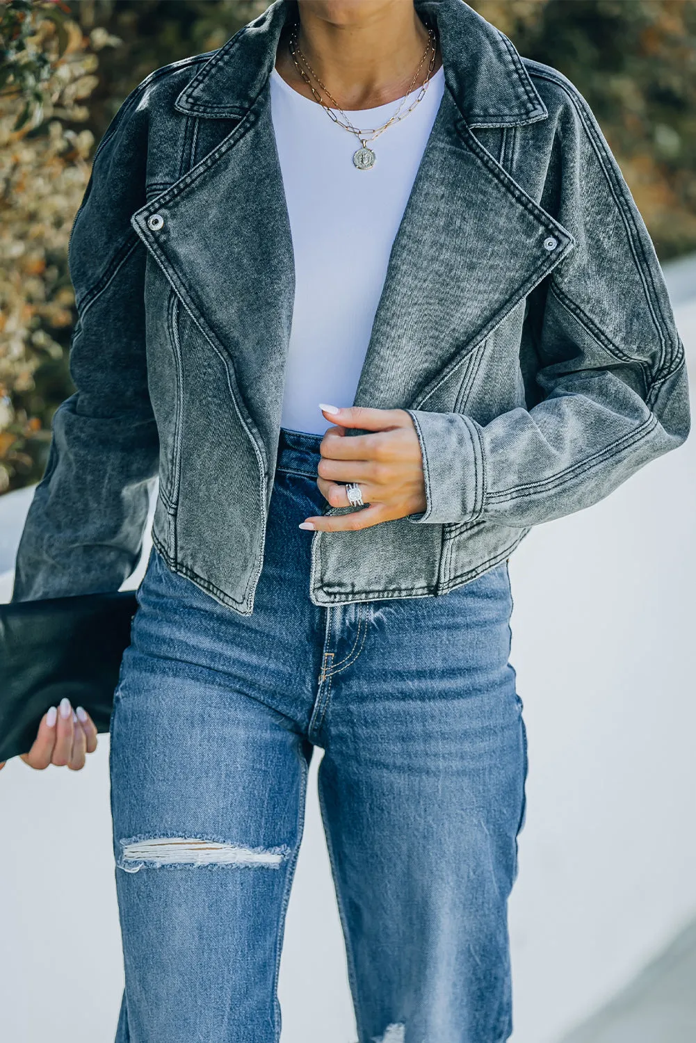 Lapel Collar Open Front Denim Jacket