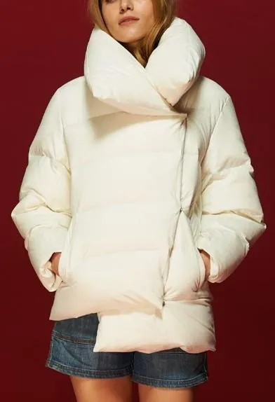 Large Collar Paneled Puffer Down Jacket in White