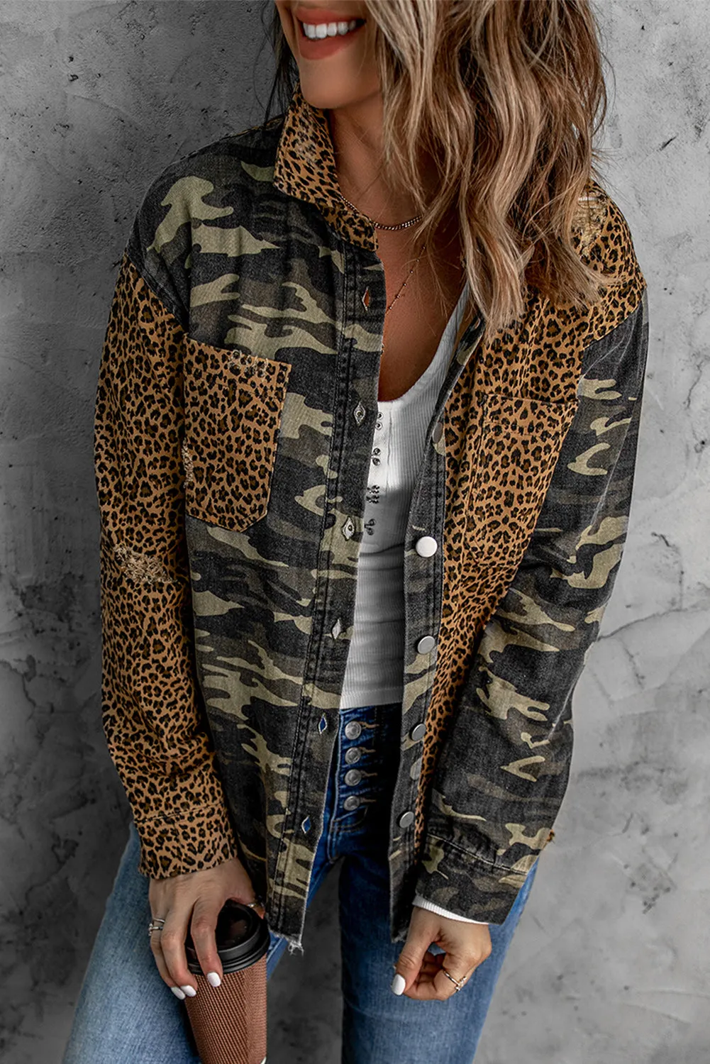 Leopard Camouflage Patchwork Denim Jacket