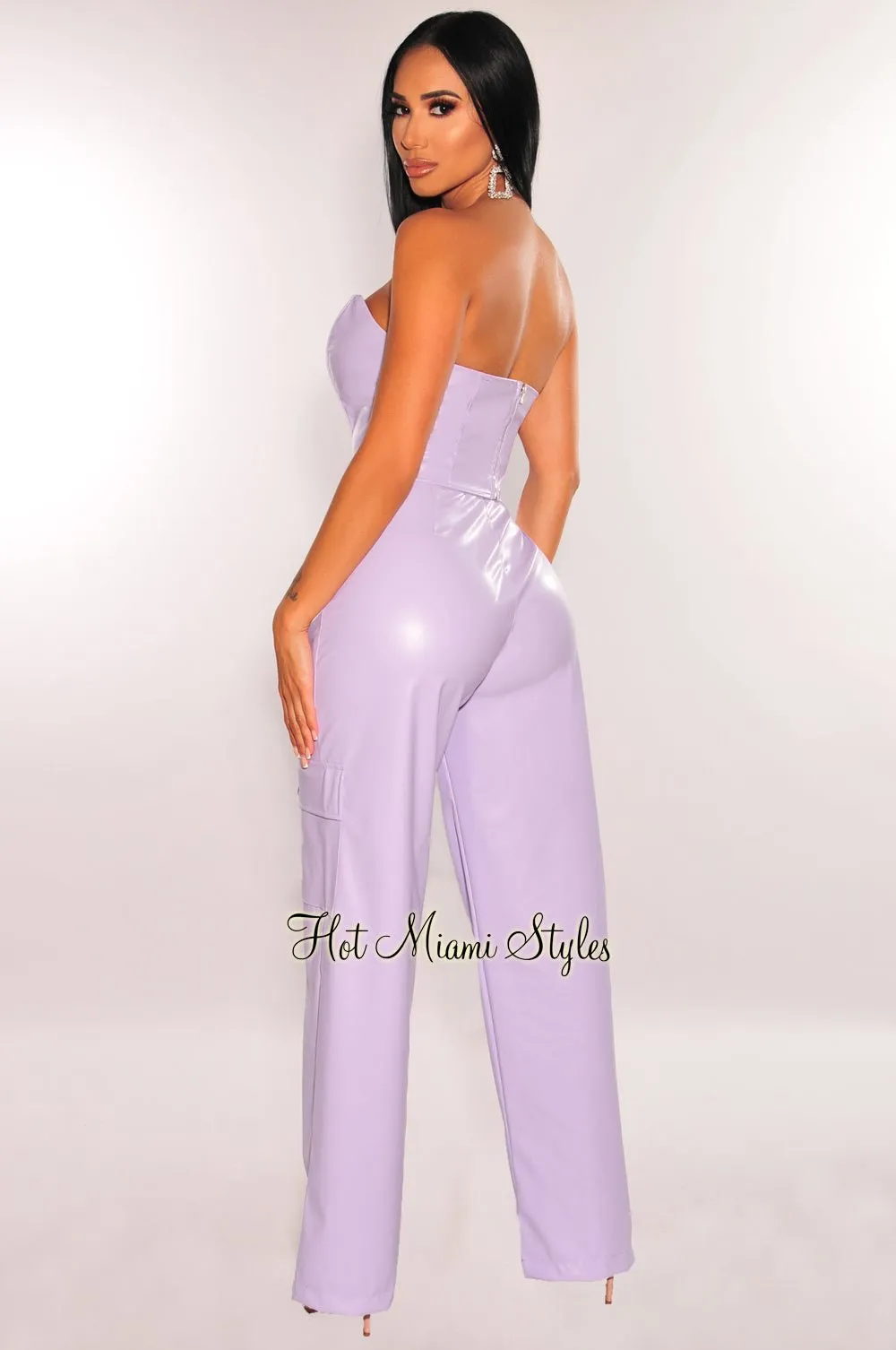 Lilac Faux Leather Corset Top Wide Leg Flap Pocket Pants Two Piece Set