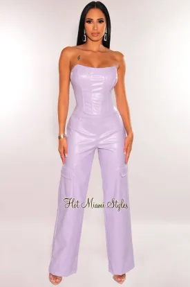 Lilac Faux Leather Corset Top Wide Leg Flap Pocket Pants Two Piece Set