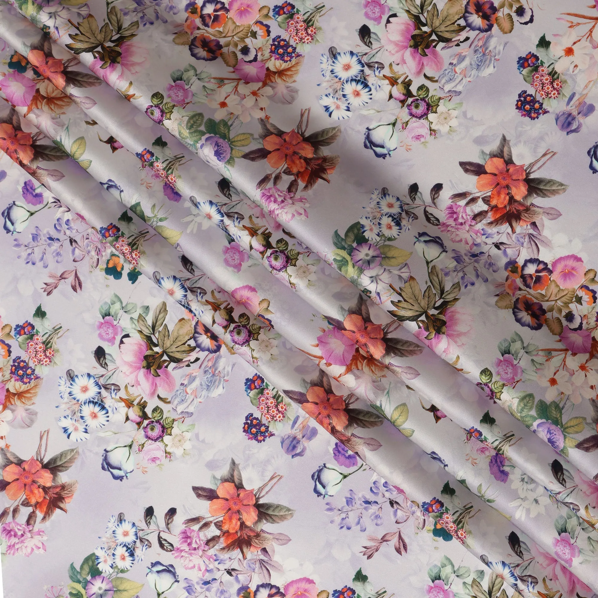 Lilac Floral Pure Silk Satin Fabric - 140 cm Width, Made in Italy-D20723