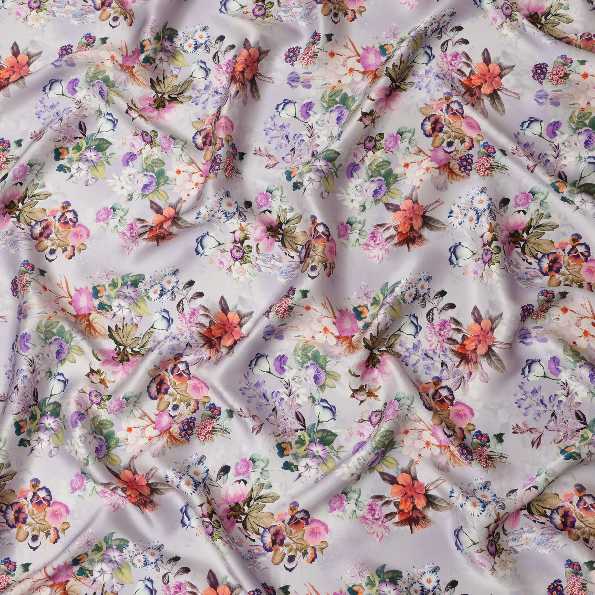 Lilac Floral Pure Silk Satin Fabric - 140 cm Width, Made in Italy-D20723