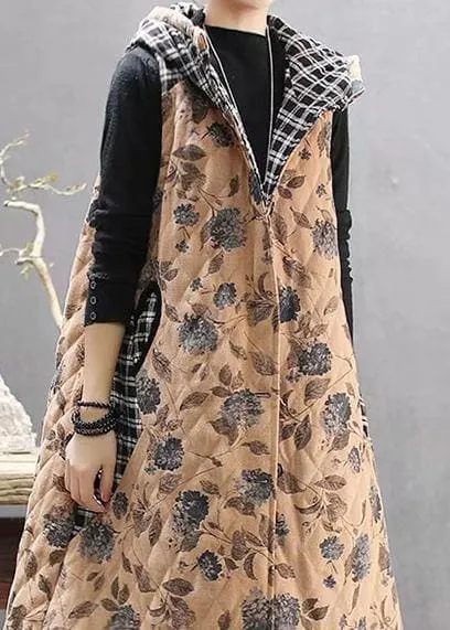 Luxury Loose Fitting Coats Yellow Print Hooded Sleeveless Coat