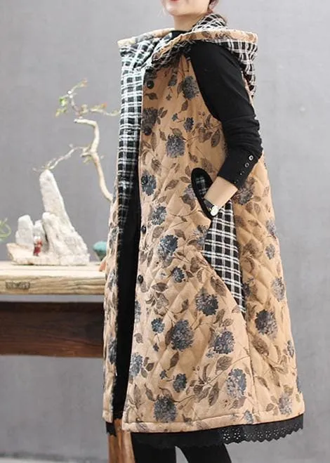 Luxury Loose Fitting Coats Yellow Print Hooded Sleeveless Coat