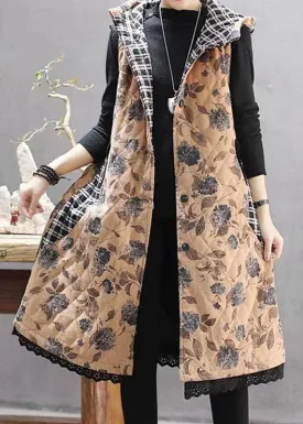 Luxury Loose Fitting Coats Yellow Print Hooded Sleeveless Coat