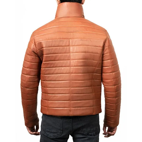 Mens Brown Leather Puffer Jacket