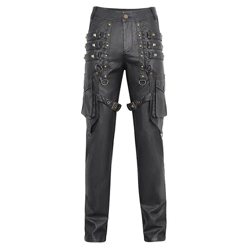 Men's Gothic Big-pocket Bronze Studded Faux Leather Pants