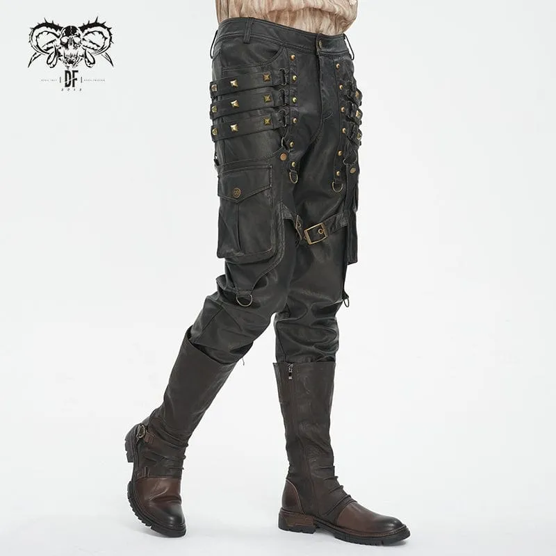 Men's Gothic Big-pocket Bronze Studded Faux Leather Pants