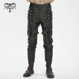 Men's Gothic Big-pocket Bronze Studded Faux Leather Pants