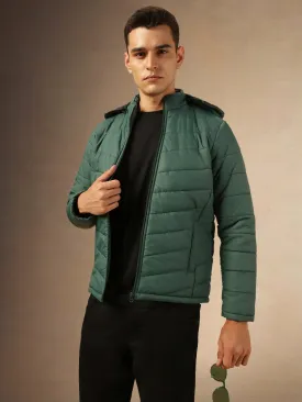 Men's Green Regular Fit Hooded Puffer Jackets