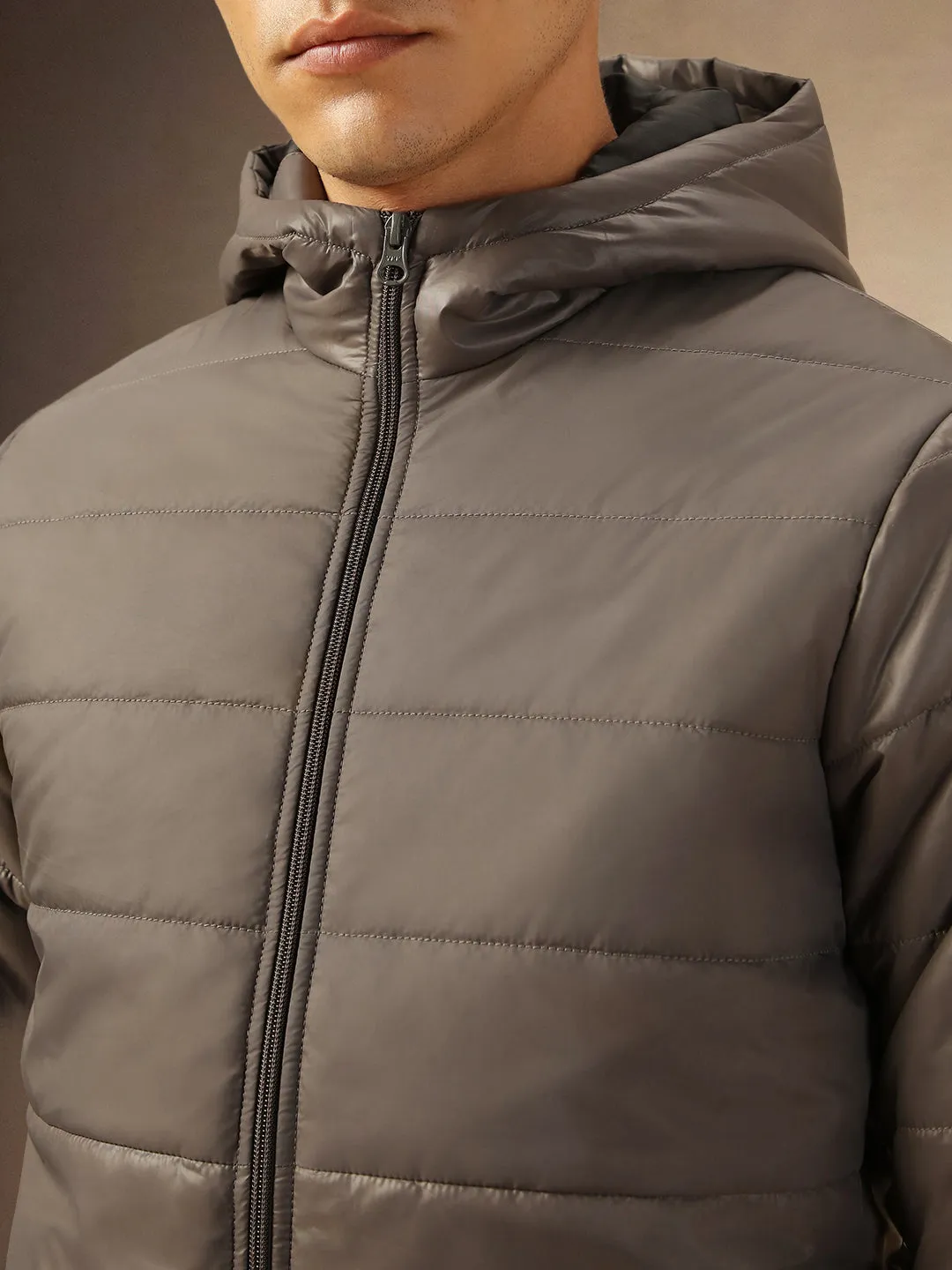 Men's Grey Hooded Full Sleeves Puffer Jacket