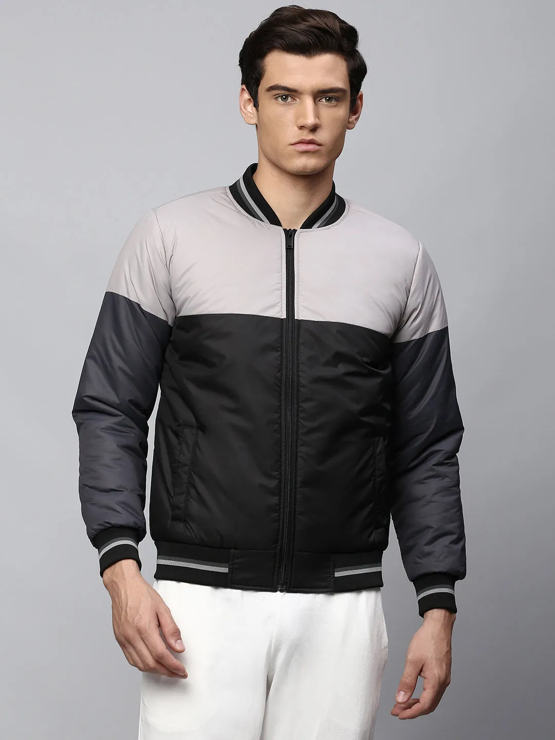 Men's Grey Regular Fit Winterwear Bomber Jacket