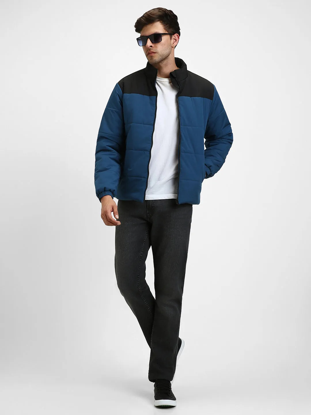 Men's High Neck Regular Fit Colourblock Quilted Teal Jackets