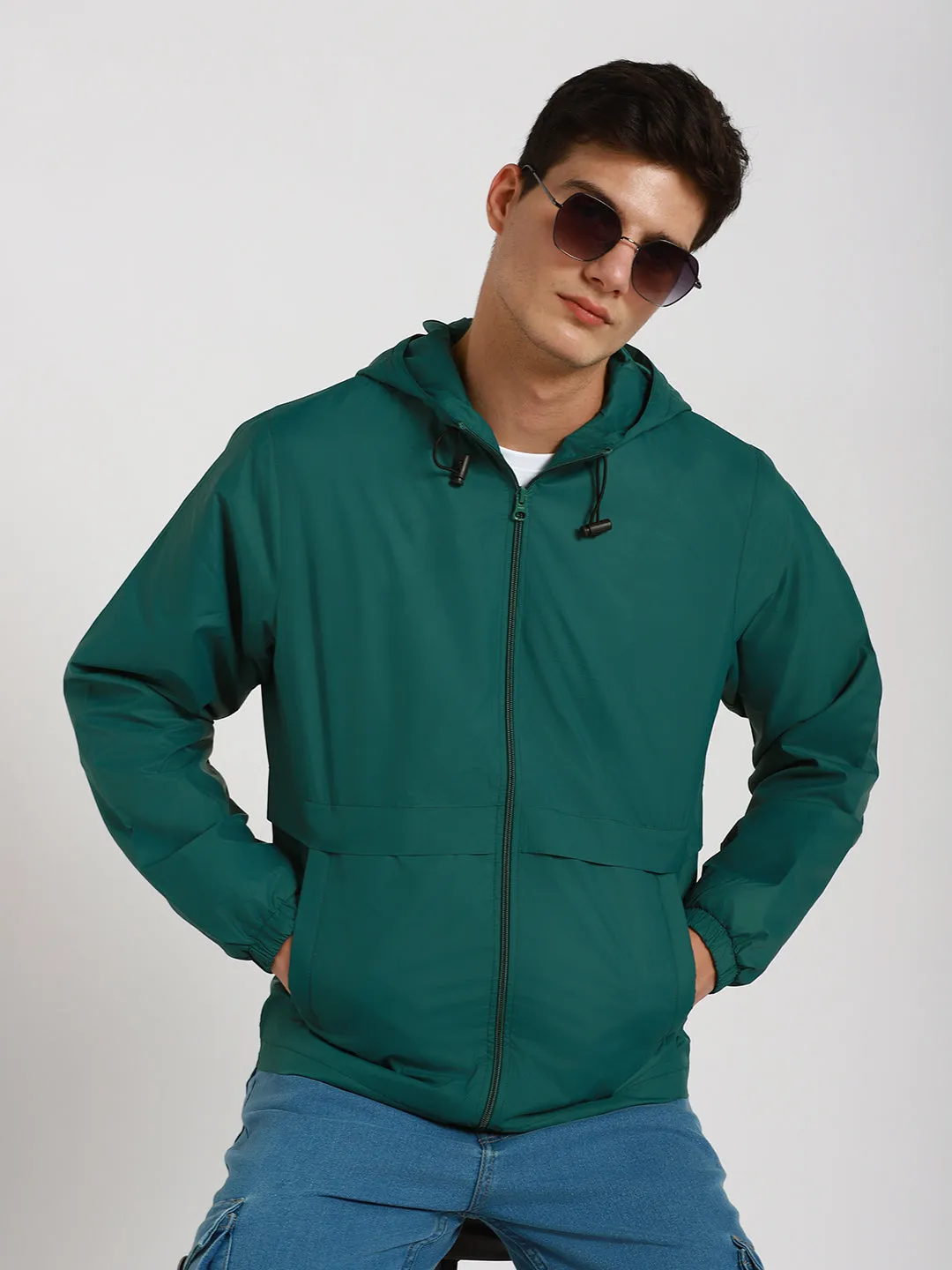 Men's Hooded Regular Fit Solid Grass Green Jackets